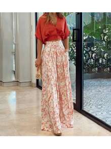 Conjunto De Blusa Y Pantalones Estampados De Pierna Ancha - Rojo - Ver 3