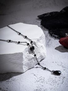 1pc Personalized Black Retro Crystal Beaded Water Drop Y-shaped Necklace, Creative Fashion Street Style Jewelry, Best Friend Gift For Festival - Black - View 5