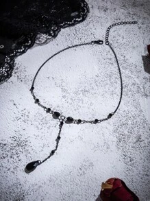 1pc Personalized Black Retro Crystal Beaded Water Drop Y-shaped Necklace, Creative Fashion Street Style Jewelry, Best Friend Gift For Festival - Black - View 3