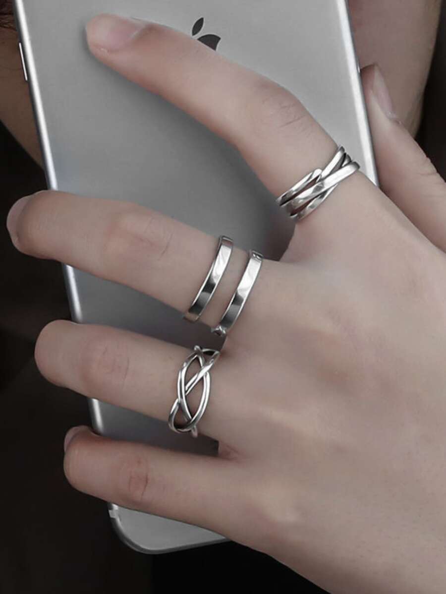 3 cái/bộ Retro & Tối giản Toàn trận Nam Nhẫn - Bạc - Xem 1