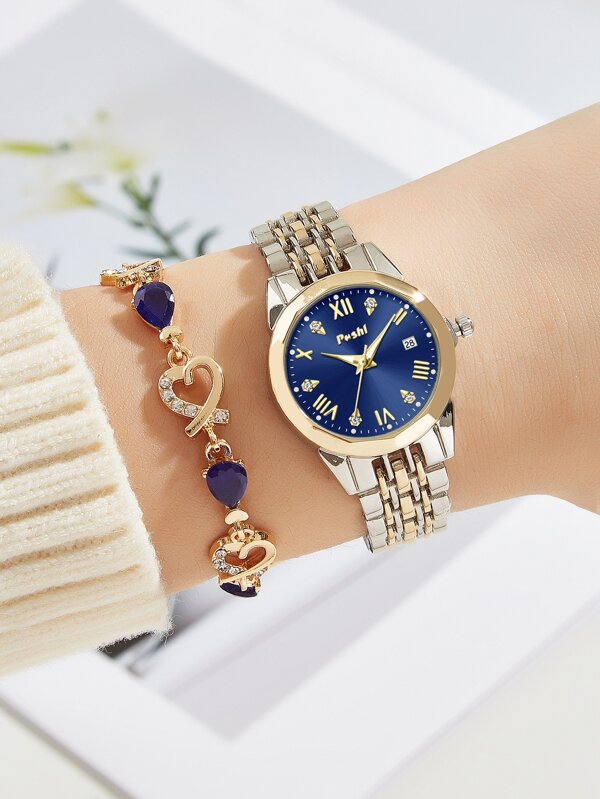 1 Peça Senhoras Fashionable À Prova D'Água Luzes Noturnas Relógio De Quartzo Calendário E 1 Peça Bracelete