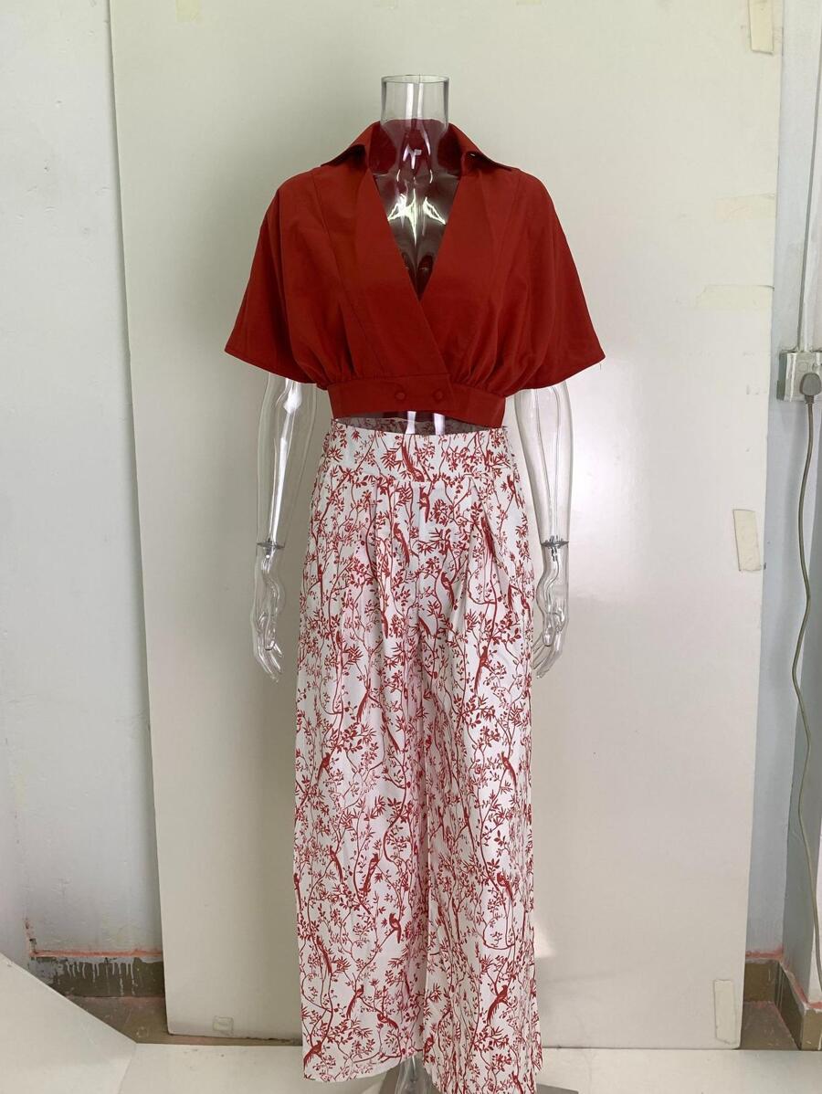 Conjunto De Blusa Y Pantalones Estampados De Pierna Ancha - Rojo - Ver 1