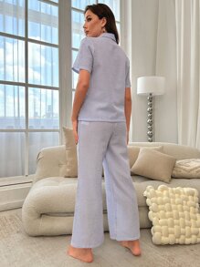2 件套女士休闲条纹泡泡布纽扣前短袖上衣 + 松紧腰裤可爱睡衣套装 - 藍白色 - 查看 5