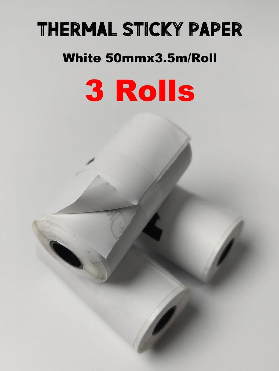 M02x/t02專用白色貼紙熱敏紙,十年黑色白色相片黏性紙50mm X3.5m,3卷 - 白色 - 查看 1