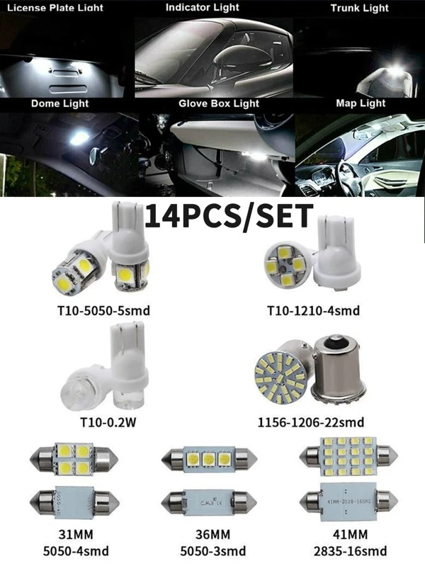14Pcs White LED Interior Package Kit For T10 31mm Map Dome License