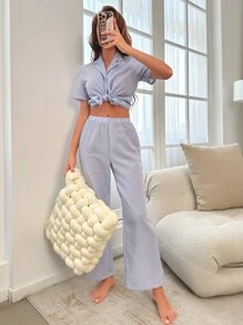 2 件套女士休闲条纹泡泡布纽扣前短袖上衣 + 松紧腰裤可爱睡衣套装 - 藍白色 - 查看 3