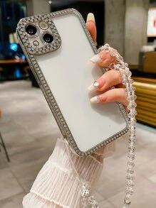 Rhinestone Decor Clear Phone Case With Lanyard - Silver - View 1