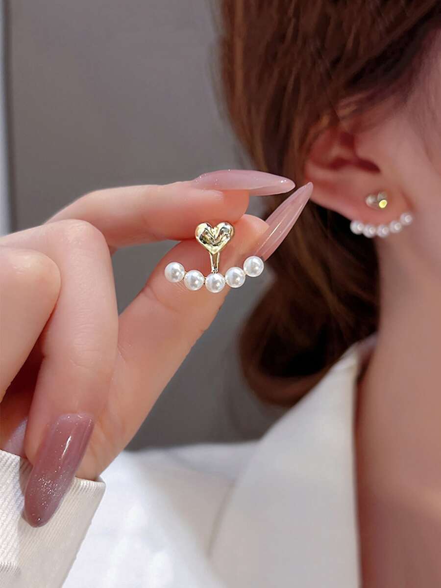 一对心形珍珠耳钉，优雅别致。情人节配饰 - 白色 - 查看 1