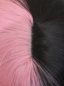 Synthetic Hair Long Straight Half Pink Half Brown 24 Inch Women's Wig With Blunt Bangs & 1pc Wig Cap - Two-Tone - View 6