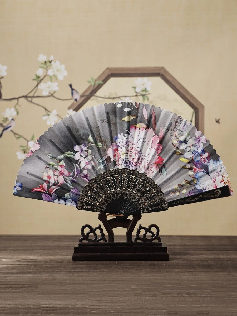 Breezier 中国风典雅牡丹花装饰扇 - 黑色 - 查看 1