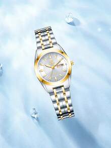 1入組女性雙色時尚&豪華不銹鋼防水手錶帶&日期日曆功能,完美適用於日常工作和休閒穿戴 - 彩色 - 查看 3