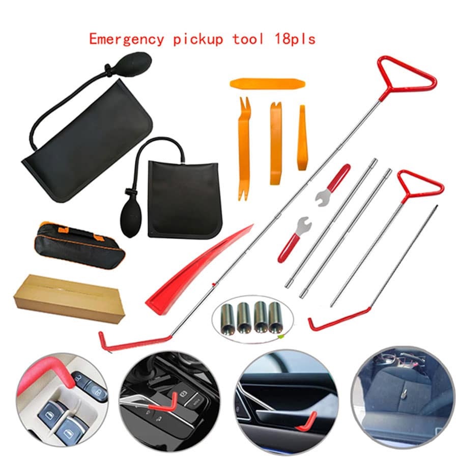 18pcs Car Tools Kit With 4 Long Reach Grabbers, 2 Air Bag Pumps, 4 Trim Removal Tools, 4 Fastener Nuts, 2 Wrenches, 1 Injury Free Wedge, 1 Tool Case Bag, 1 Manual,Tools For Men - 黑色 - 查看 1