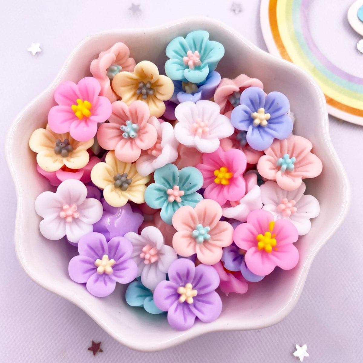 50pcs/Pack Mixed Color 14mm Lovely Resin Horn Flower Flatback 3d Stickers, Handmade Diy Scrapbooking Mobile Phone Decoration, Fashion Earring Accessories, Crafts Valentine's Day Valentines Summer, School