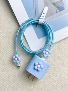 6 cái/bộ 3D Hình hoa Bộ sạc Người bảo vệ Và Tổ chức cáp Cái túi - Màu xanh lam - Xem 4