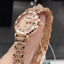 POEDAGAR 1pc Ladies' Watch With Rose Gold Stainless Steel Strap, Crystal Rhinestone Dial And Waterproof Quartz Movement With Calendar & Date Function - Rose Gold - View 1