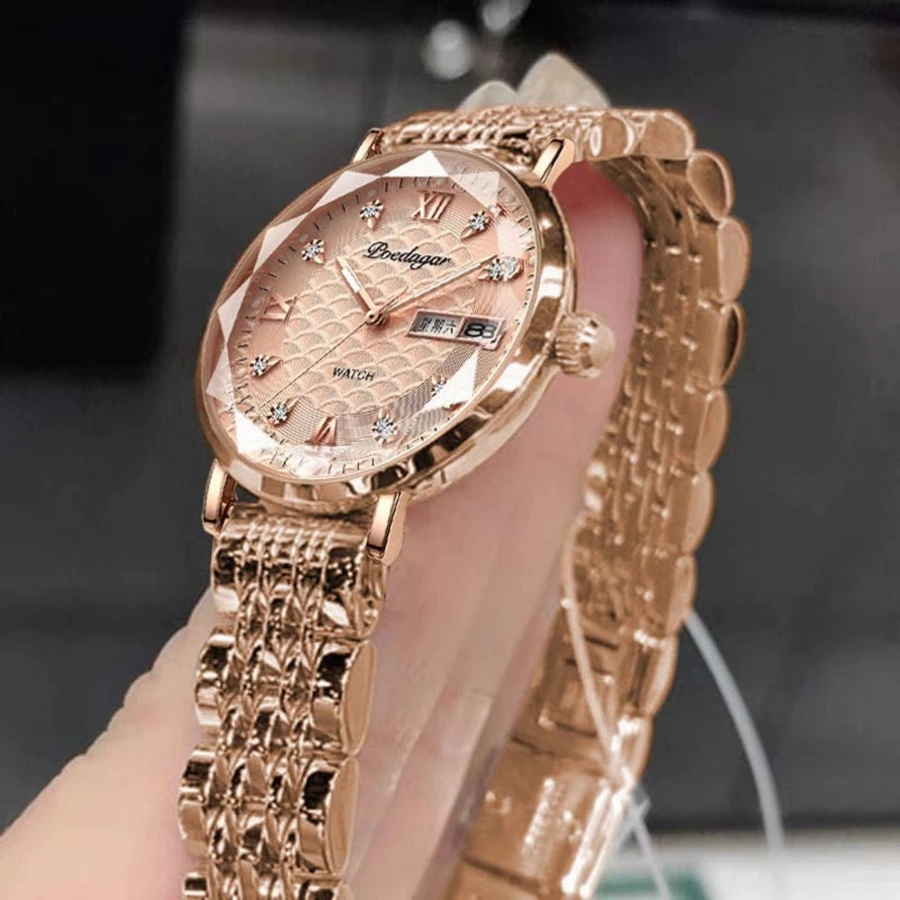 POEDAGAR 1pc Ladies' Watch With Rose Gold Stainless Steel Strap, Crystal Rhinestone Dial And Waterproof Quartz Movement With Calendar & Date Function - Rose Gold - View 1