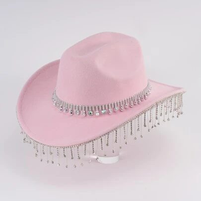 1pc Tassel Rhinestone Western Cowboy Hat For Party And Jazz Glamorous fun Party Style solid color pink
