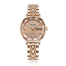 POEDAGAR 1pc Ladies' Watch With Rose Gold Stainless Steel Strap, Crystal Rhinestone Dial And Waterproof Quartz Movement With Calendar & Date Function - Rose Gold - View 8
