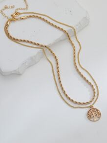 Nooxian 2pcs Personalized Twisted Rope Chain With Tree Of Life Pendant Double Layered Women's Necklace Set - Yellow Gold - View 3