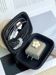 6 cái/bộ 3D Hoa Bộ sạc Vỏ bảo vệ Và Tổ chức cáp Cái túi - Đen và trắng - Xem 2