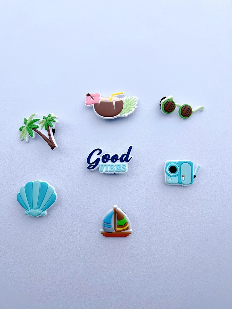 Set de 7 piezas de adornos para zapatos con diseño desmontable, estilo playa de verano - Celeste - Ver 1