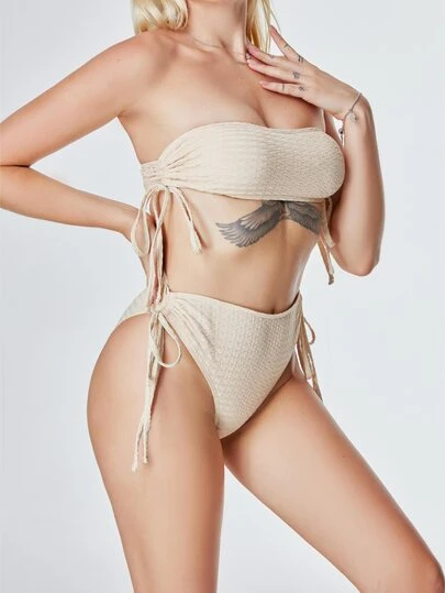 2023 New Bikini Set Tube Top Split European And American Women's Bikini Set Drawstring Bikini Set Summer Beach