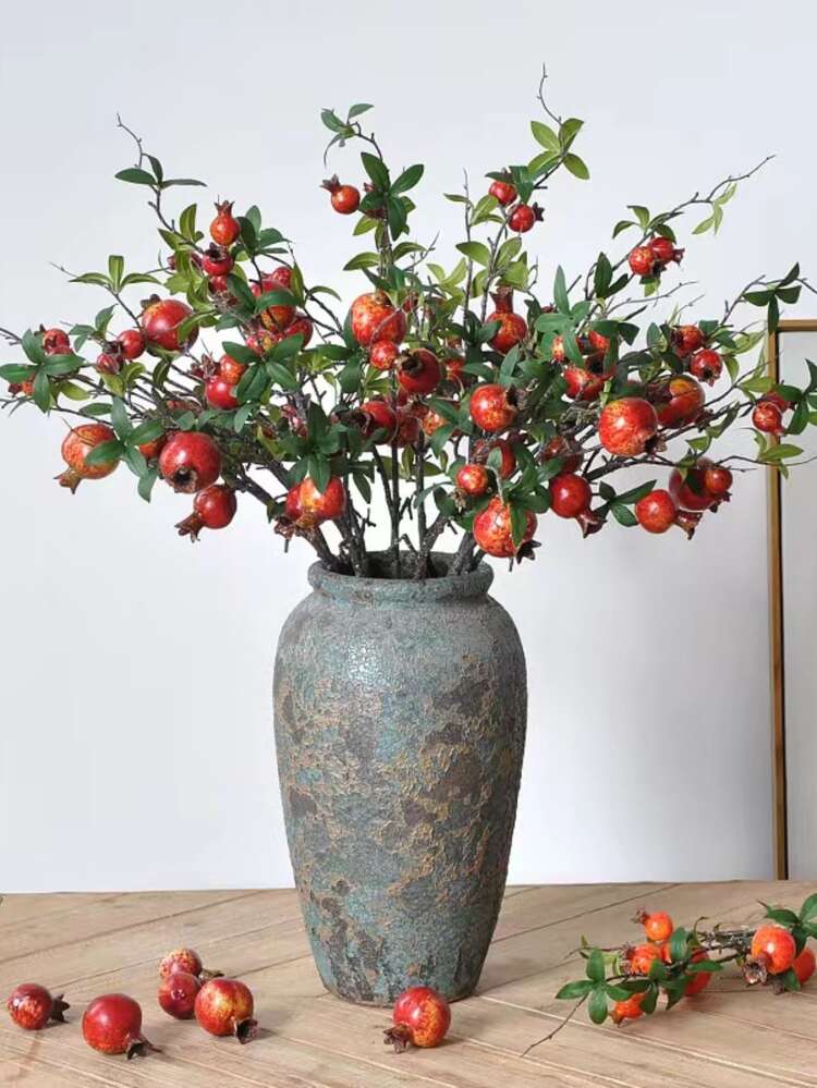 1pc 80-Centimeter-Long Six-Leaf Artificial Pomegranate Branch, Artificial Fruit Flowers, With Decorative Elements Resembling The Real Pomegranate Stem. Suitable For Vase Placement In Family Living Rooms And Bedrooms, And Also For Decoration During Halloween And Autumn Harvest.