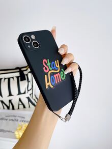 Letter Graphic Phone Case With Lanyard - Black - View 3