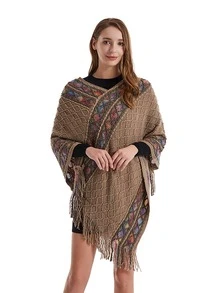 1入組女性針織披肩斗篷帶流蘇,三角形披肩適合旅行,濃烈香調