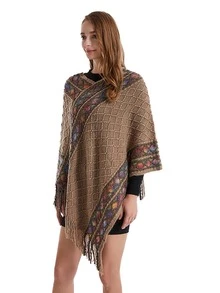 1入組女性針織披肩斗篷帶流蘇,三角形披肩適合旅行,濃烈香調