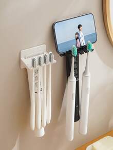 1pc Punch-free Toothbrush Holder With Toothpaste Storage & Mobile Phone Shelf For Bathroom - Multicolor - View 6