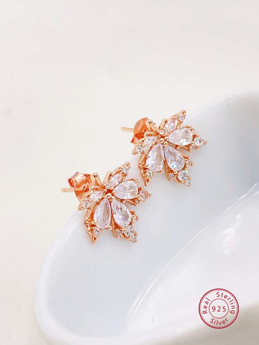 2 件裝 925 純銀 & 氧化鋯楓葉設計簡約精緻耳環適合女士日常通勤佩戴 - 玫瑰金 - 查看 1