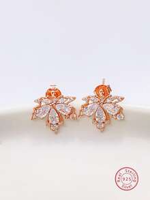 2 件裝 925 純銀 & 氧化鋯楓葉設計簡約精緻耳環適合女士日常通勤佩戴 - 玫瑰金 - 查看 2