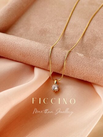 FICCINO Classic Gold-Plated Round Cubic Zirconia Pendant Jewelry With Titanium Steel Snake Chain Necklace, Wearable For Daily Outfits/ Gift Set With Box For Festivals And Anniversaries