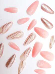 Conjunto de 24 uñas postizas en forma de almendra para pegar, de color suave y delicado, accesorios de uñas - Multicolor - Ver 3