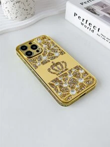 1pc Rhinestone Crown Mirrored Phone Case Compatible With IPhone 13 - Gold - View 5