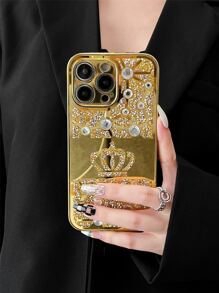 1pc Rhinestone Crown Mirrored Phone Case Compatible With IPhone 13 - Gold - View 3