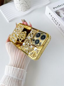 1pc Rhinestone Crown Mirrored Phone Case Compatible With IPhone 13 - Gold - View 4