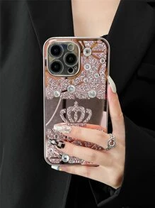 1pc Crystal Crown Pattern Mirror Phone Case Compatible With IPhone 13 - Pink - View 3