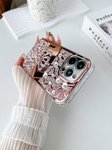 1pc Crystal Crown Pattern Mirror Phone Case Compatible With IPhone 13 - Pink - View 4