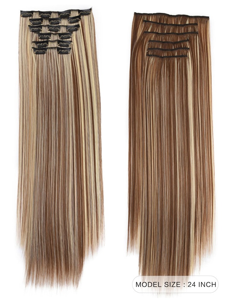 夾在長款直筒合成纖維接髮24英寸6入組巧克力棕色的高光澤厚發片自然柔軟的合成纖維纖維雙緯線女性 - 彩色 - 查看 2