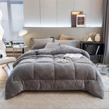 Quilted Comforter Fleece Ultra-Soft Down Alternative Filling  King Size Plush Warm Fall Winter Duvet Flannel Blanket & Bedding  Comforter - Grey - View 1
