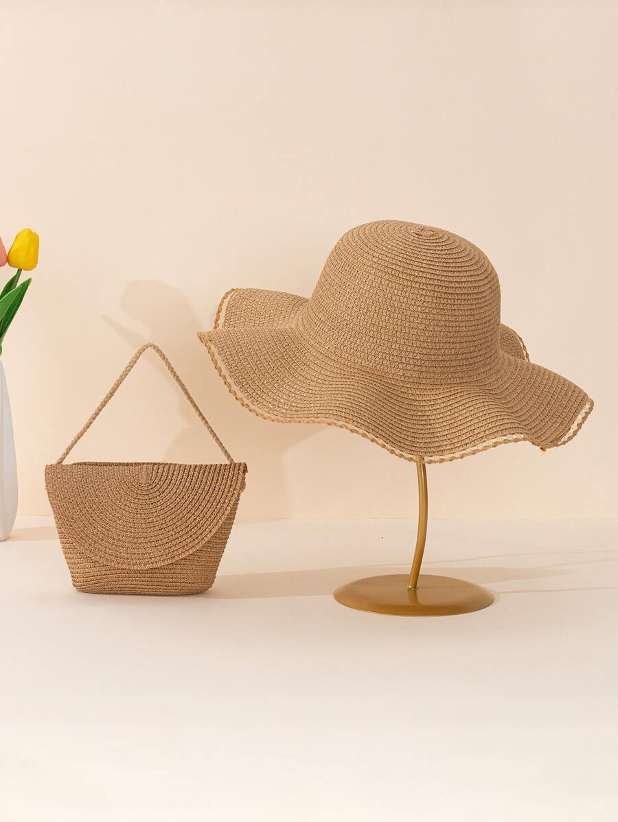 1 套卡其色太阳帽和编织单肩包，适合女士海滩、夏季万圣节 - 卡其色 - 查看 1