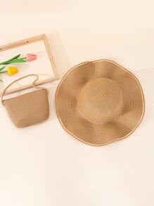1 套卡其色太阳帽和编织单肩包，适合女士海滩、夏季万圣节 - 卡其色 - 查看 2