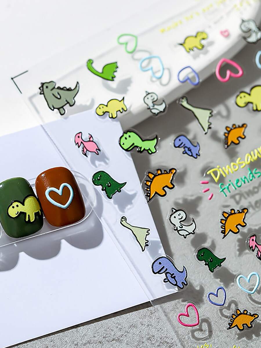 1張卡通指甲貼紙，5D可愛恐龍設計指甲藝術裝飾滑片指甲配件修甲貼花 - 彩色 - 查看 1