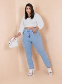 Plus Size Jeans - 淺色水洗藍 - 查看 2