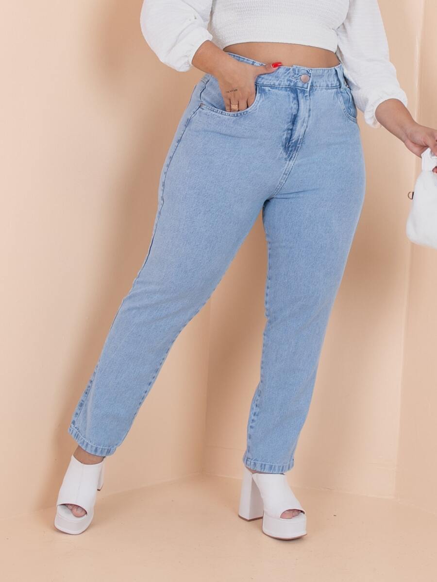 Plus Size Jeans - 淺色水洗藍 - 查看 1