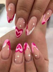 Teen Girls' Wearable Almond Shaped Nail Art, False Nails Set Including 24pcs Red Heart Wave Pattern Half-covered Design - Multicolor - View 1