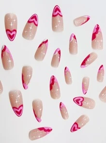 Teen Girls' Wearable Almond Shaped Nail Art, False Nails Set Including 24pcs Red Heart Wave Pattern Half-covered Design - Multicolor - View 3