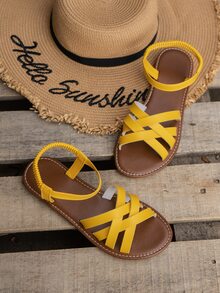 2025 夏季新款女士透气平底凉鞋 - PU 鞋面、交叉带和弹性鞋跟、防滑 TPR 软底沙滩休闲拖鞋 - 黃色 - 查看 4